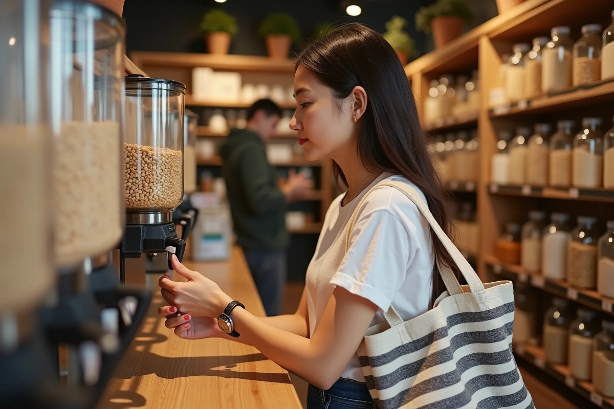 Jeune femme faisant ses courses en vrac dans un magasin zéro déchet avec des contenants réutilisables, illustrant les principes du concept 5R pour réduire les emballages