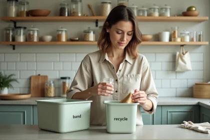 Femme triant des déchets dans des bacs de recyclage étiquetés dans une cuisine moderne, illustrant le concept 5R : Refuser, Réduire, Réutiliser, Recycler, Rendre à la nature