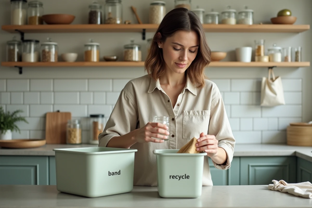 Femme triant des déchets dans des bacs de recyclage étiquetés dans une cuisine moderne, illustrant le concept 5R : Refuser, Réduire, Réutiliser, Recycler, Rendre à la nature