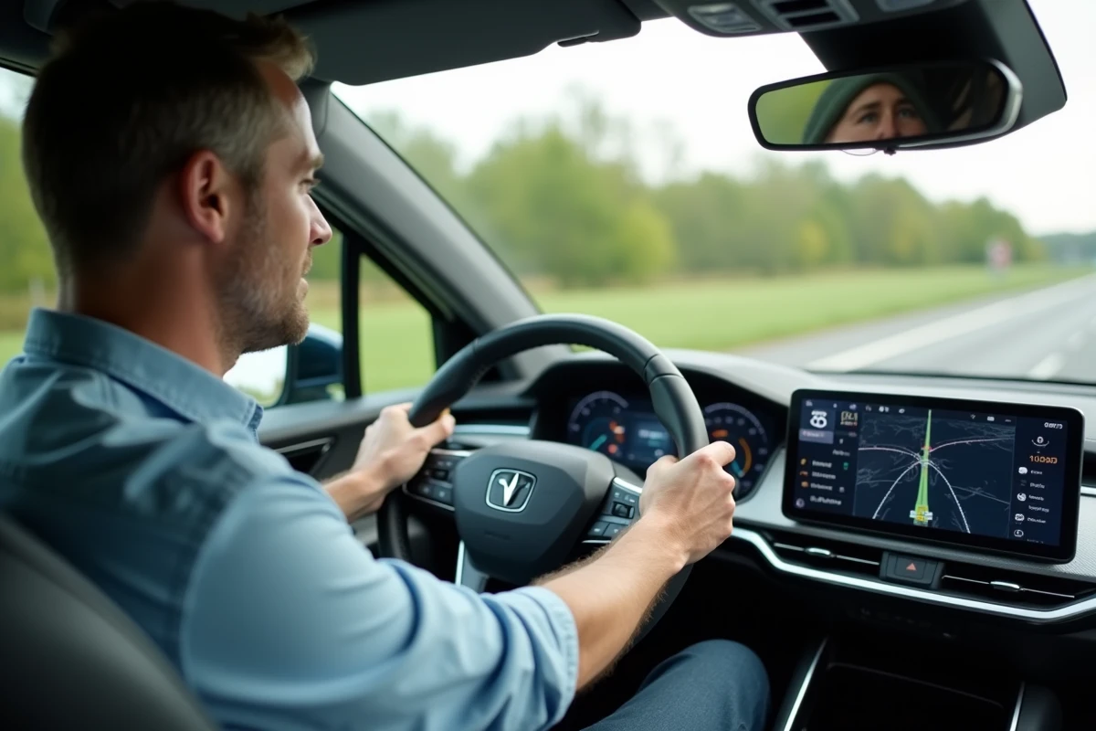 Conducteur au volant d'une voiture hybride sur autoroute avec écran de navigation affiché