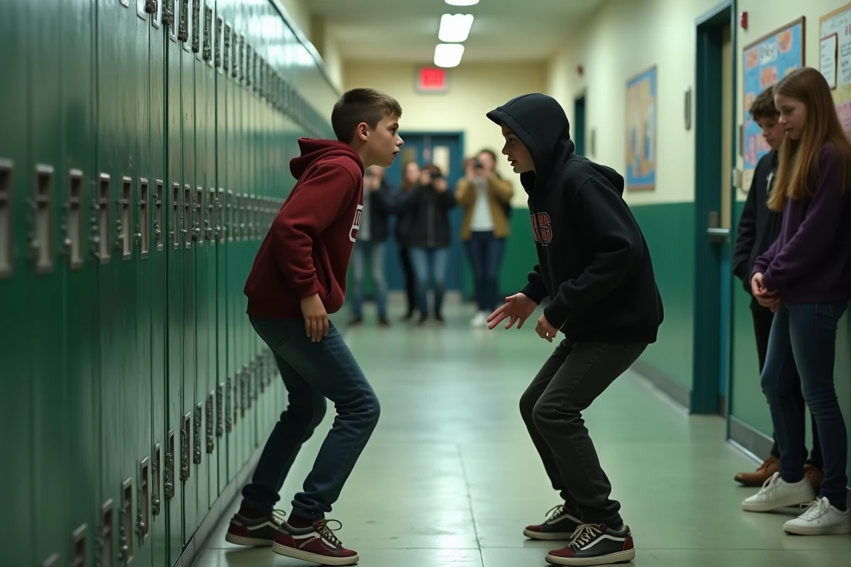Conflit entre deux élèves dans un couloir scolaire illustrant le harcèlement et la violence à l'école