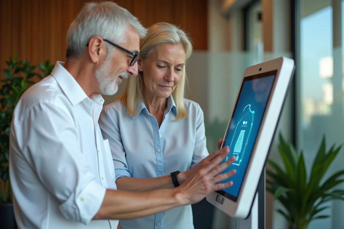 Conseiller bancaire aidant une cliente à utiliser un kiosque biométrique de nouvelle génération dans une agence bancaire