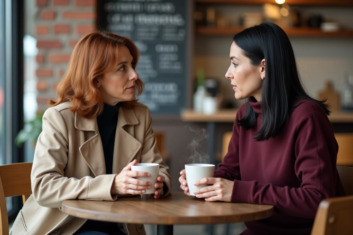 Deux mères discutant calmement dans un café, coparentalité et dialogue entre femmes dans le contexte d'une famille recomposée