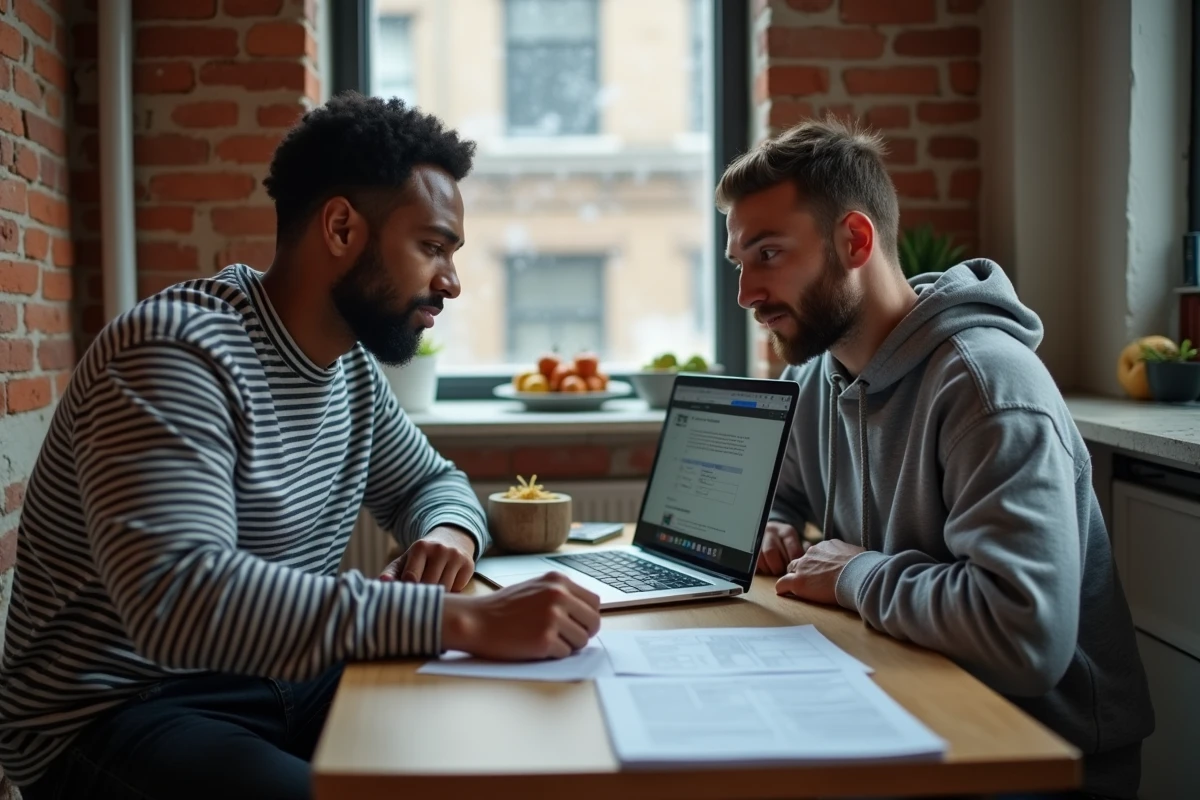 Couple étudiant les critères de décence d'un logement autour d'une table avec des documents