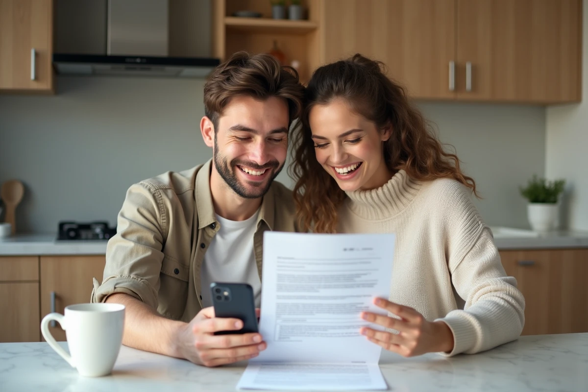 Couple examinant la confirmation de déblocage de leur prêt immobilier à domicile