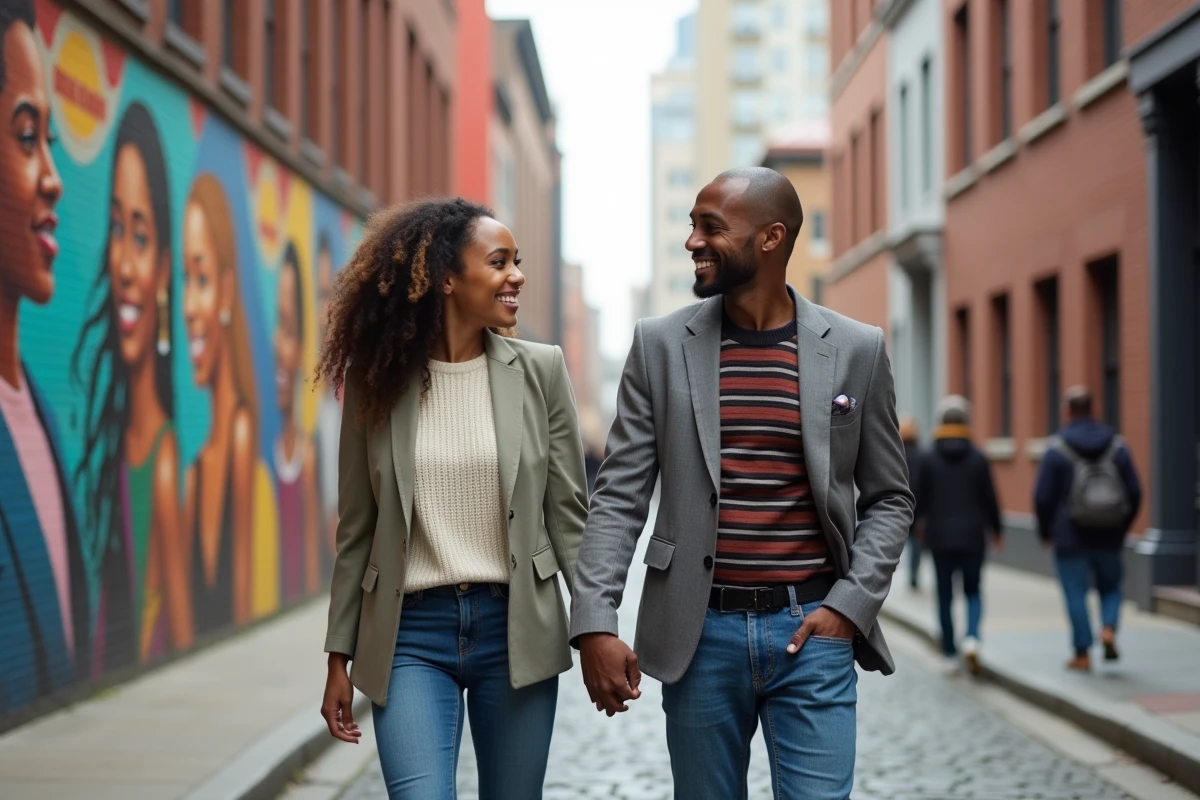 Couple se tenant la main devant des fresques murales colorées célébrant la diversité LGBTQIA2S+ en ville