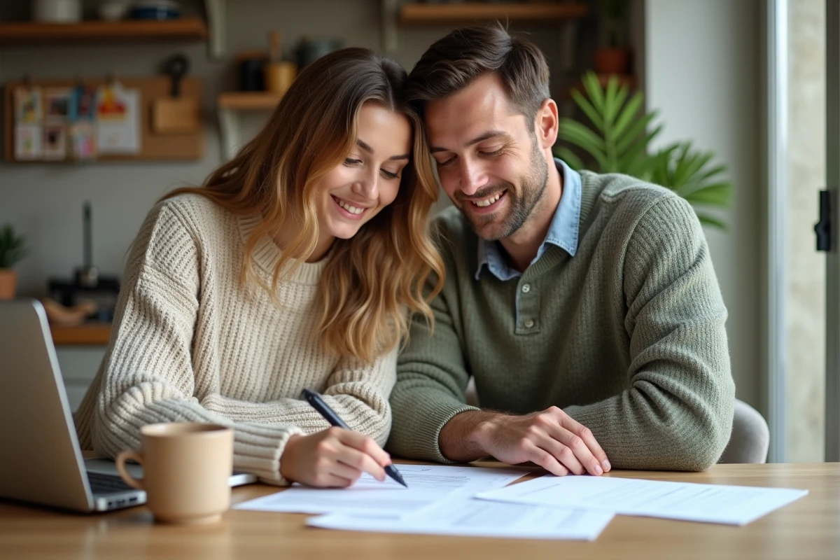 Un couple examine des documents officiels liés à l'adoption à la table de leur cuisine, illustrant les démarches administratives pour obtenir la prime d'adoption