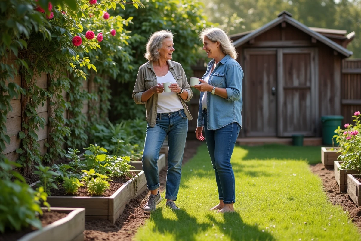Couple de femmes dans leur jardin le week-end, illustrant la diversité des modèles familiaux dans la société contemporaine
