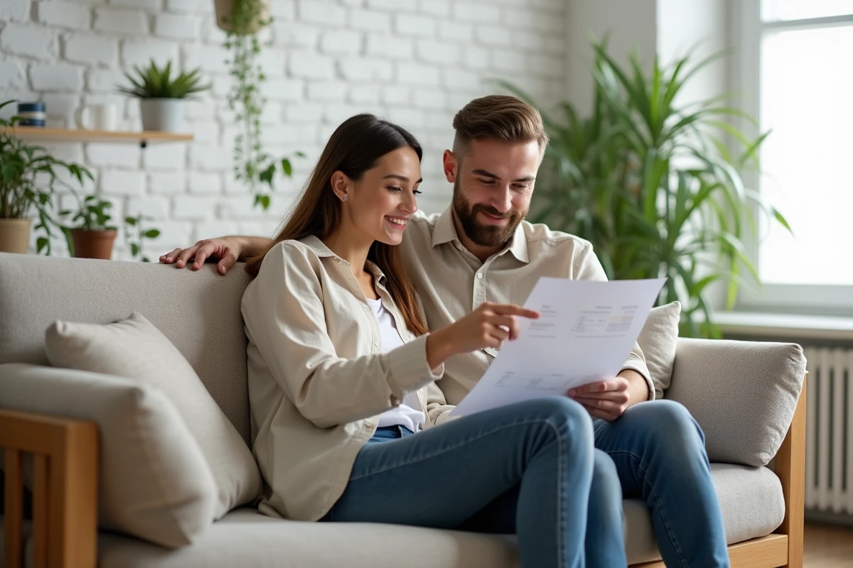 Couple examinant ensemble un plan financier sur leur canapé, pesant les avantages de l'épargne face à l'investissement