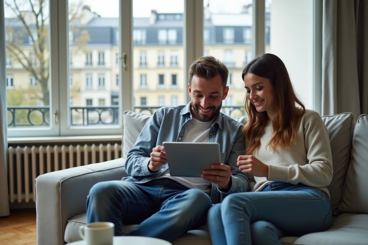 Couple consultant le site des impôts pour la taxe d'habitation sur tablette dans appartement parisien