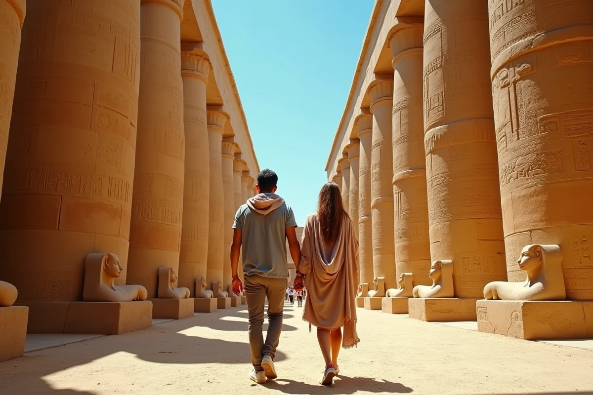 Couple visitant le temple de Karnak à Louxor en Égypte