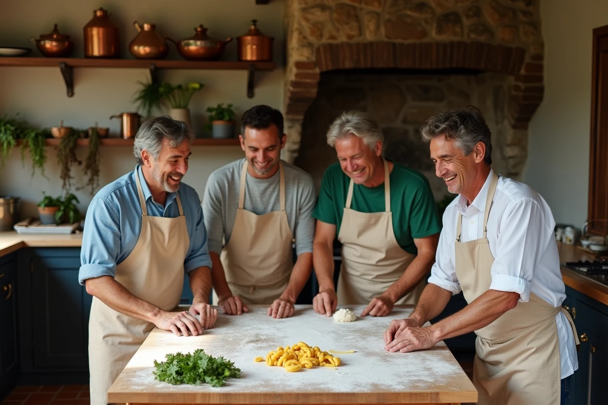 Groupe de touristes participant à un cours de cuisine traditionnelle italienne dans une ferme toscane