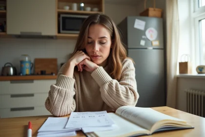 Mère de famille consultant son budget pour les dépenses liées à l'éducation de son enfant