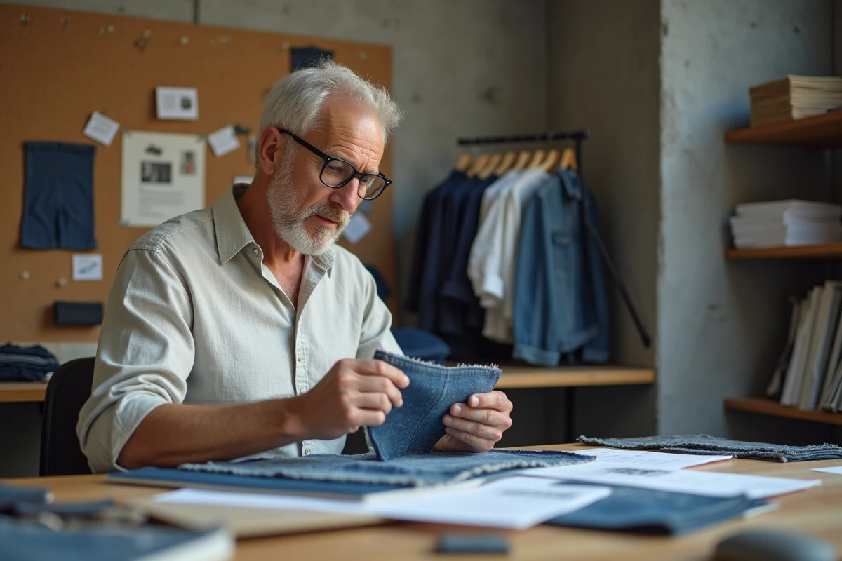 Créateur de mode examinant des échantillons de tissu durable dans un studio de design