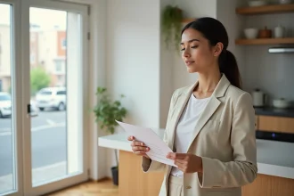 Femme vérifiant les critères d'un logement avec une liste dans un appartement moderne