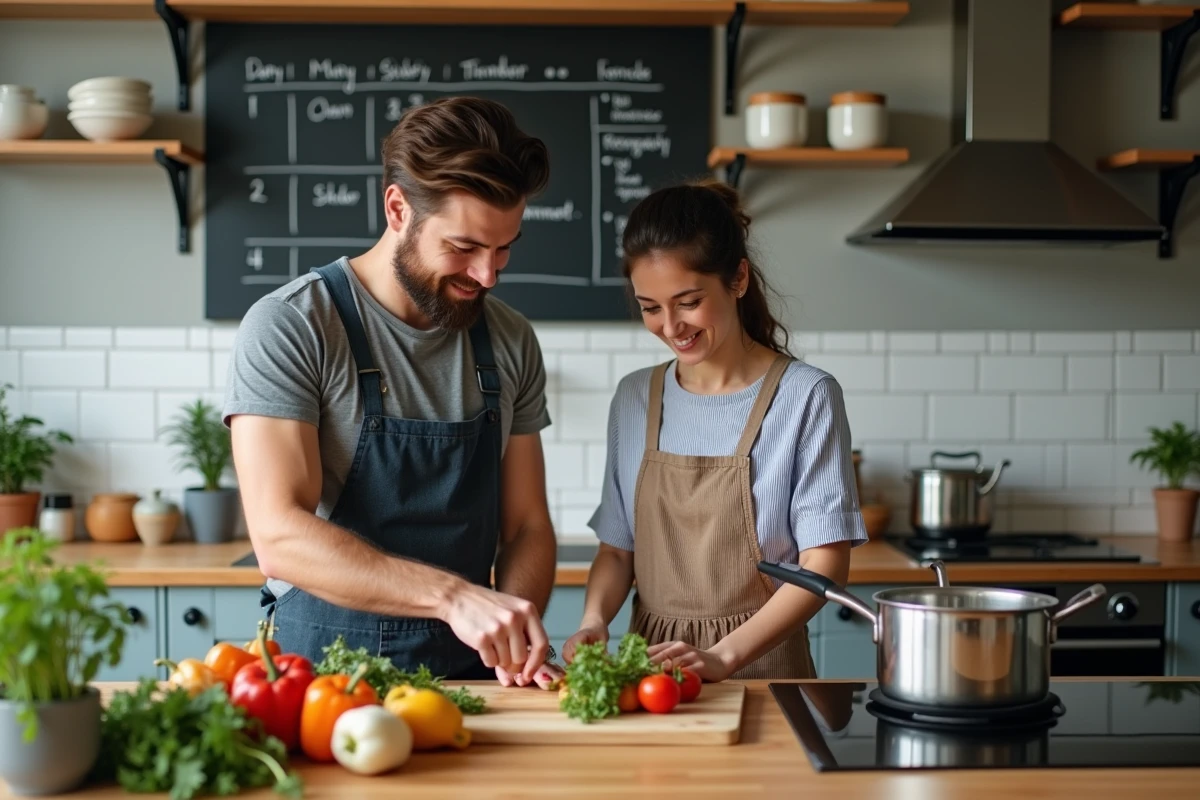 Deux résidents préparant un repas ensemble dans la cuisine commune d'une colocation moderne