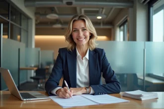 Femme signant un contrat de prêt dans une agence bancaire moderne pour débloquer des fonds