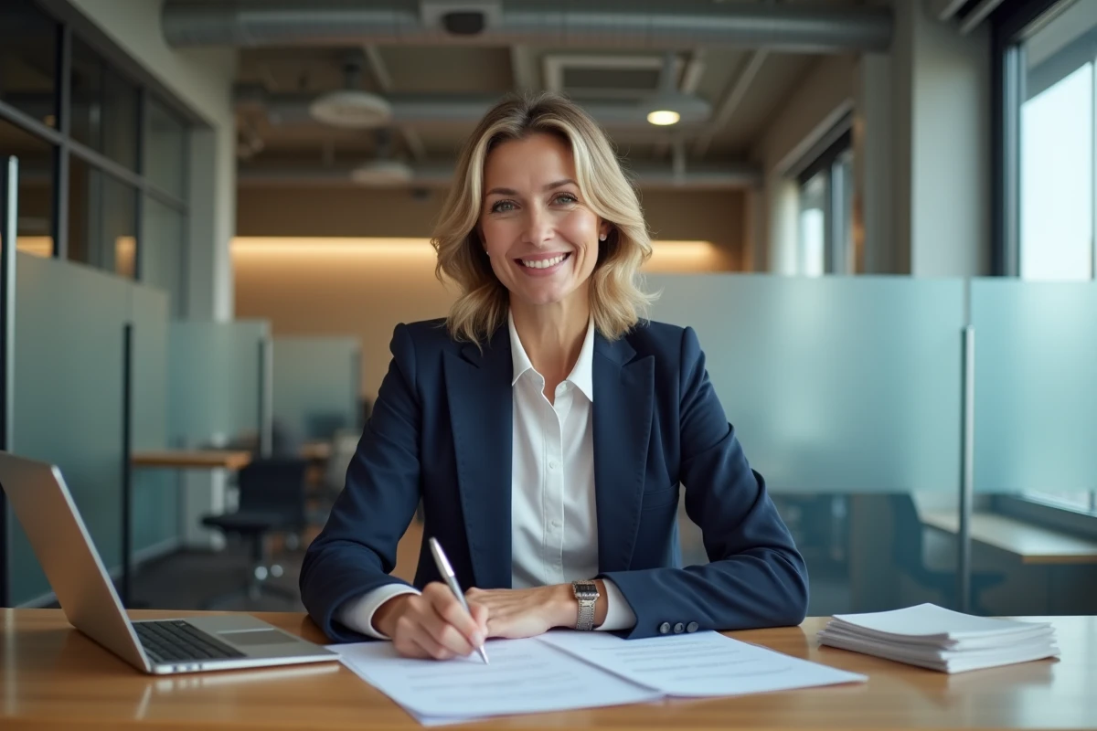Femme signant un contrat de prêt dans une agence bancaire moderne pour débloquer des fonds