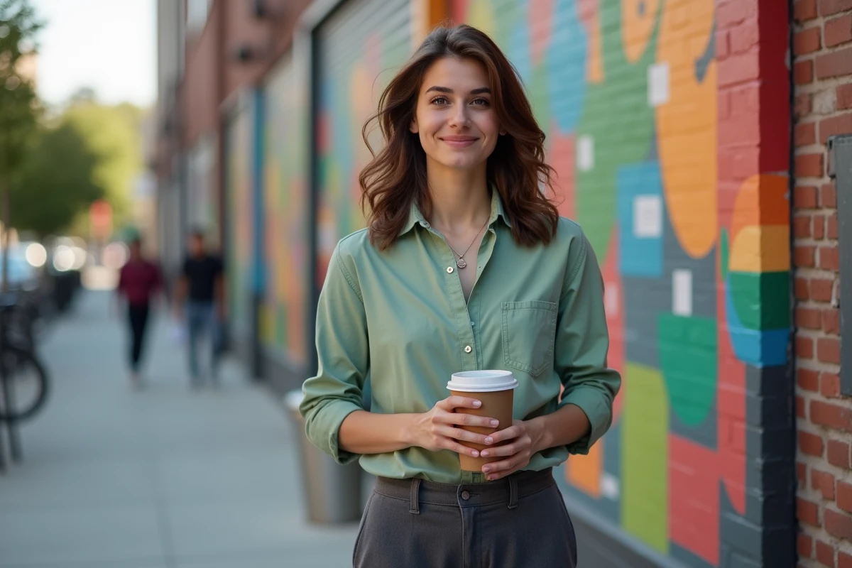 Personne demigirl souriante devant une fresque murale urbaine colorée, tenant un café dans une rue animée de la ville