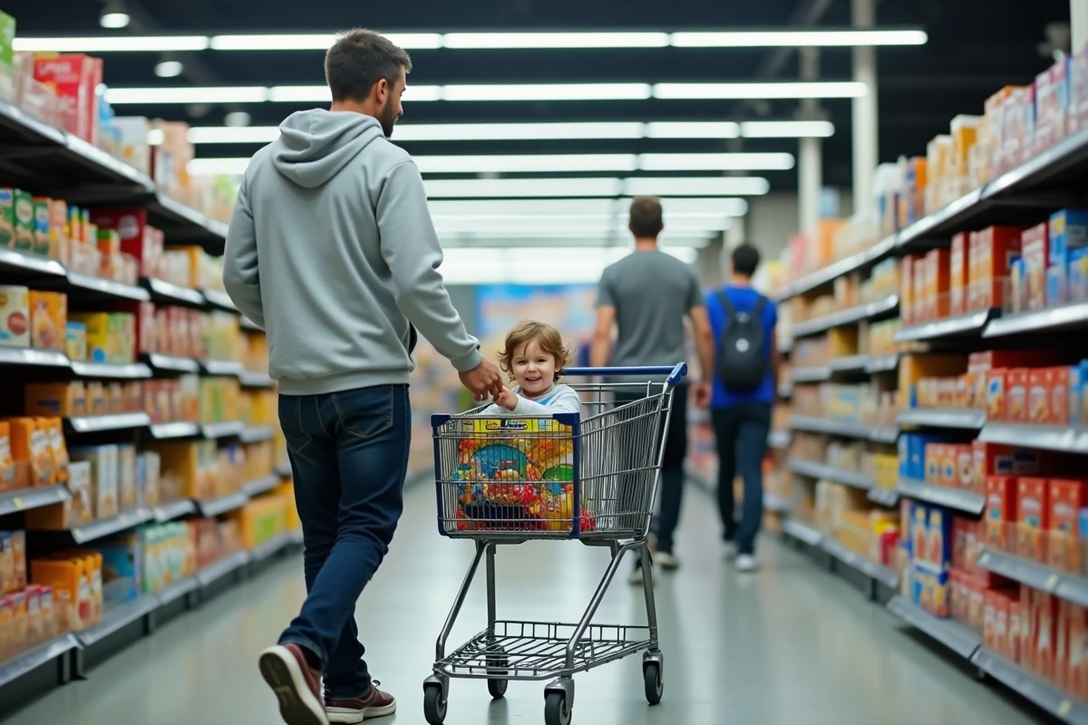 Père et enfant en bas âge faisant les courses au supermarché, illustration des dépenses alimentaires familiales