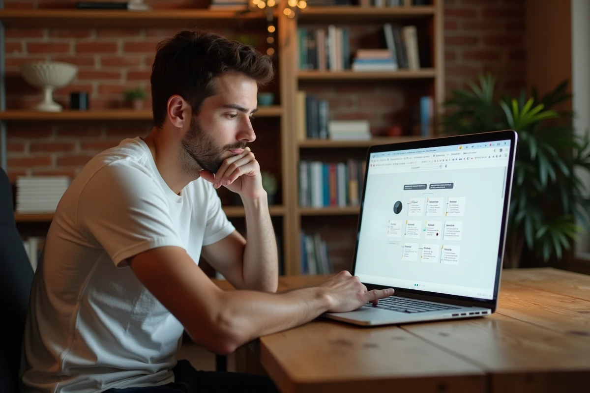 Designer UX analysant un prototype d'interface utilisateur sur laptop dans un bureau créatif