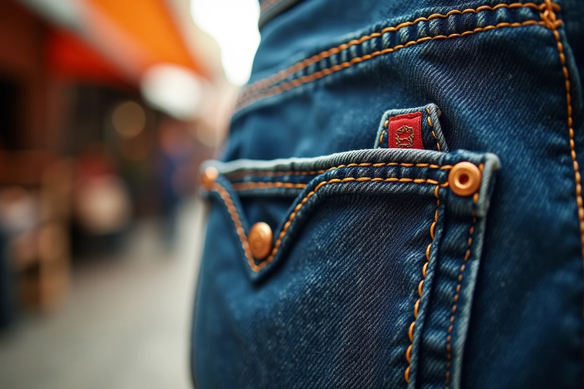 Gros plan sur un rivet en cuivre et une boutonnière de jean selvedge vintage style Levi's, avec l'étiquette rouge caractéristique visible sur la poche