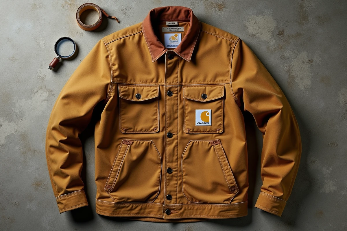 Vue à plat d'une veste Carhartt originale montrant les détails d'authenticité comme les coutures et le patch tissé
