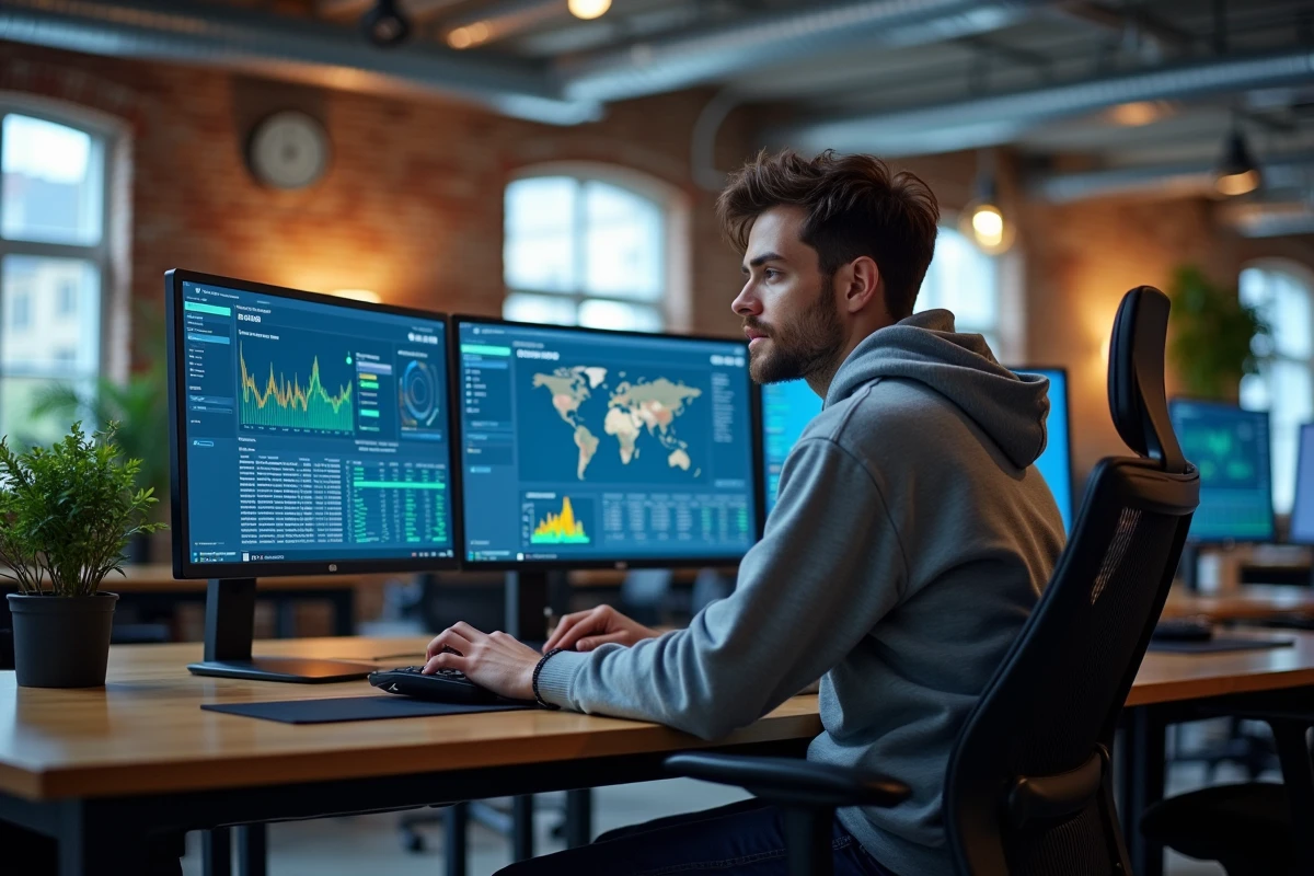 Développeur fintech analysant des données blockchain et intelligence artificielle sur plusieurs écrans dans un bureau moderne