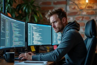 Développeur informatique frustré face à une interface graphique complexe avec de multiples fenêtres ouvertes sur ses écrans