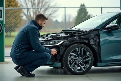 Ingénieur automobile examinant le groupe motopropulseur d'une voiture hybride full hybride au niveau d'une station de recharge suburbaine