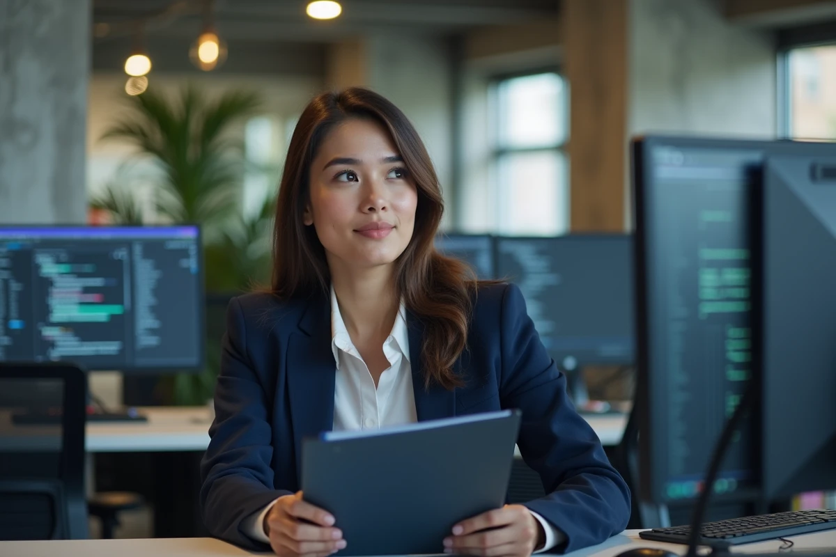 Jeune femme diplômée en cybersécurité tenant son diplôme devant un poste de travail informatique dans un bureau moderne