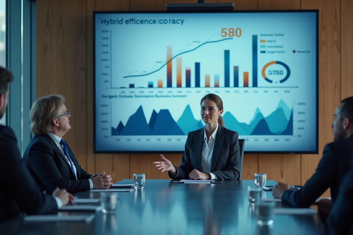Femme dirigeante présentant une analyse comparative des leaders de la technologie hybride lors d'un sommet technologique