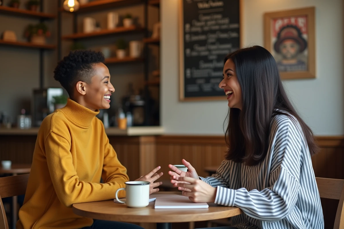 Deux amis discutant autour d'un café dans un bistrot chaleureux, échangeant sur les identités de genre non binaires