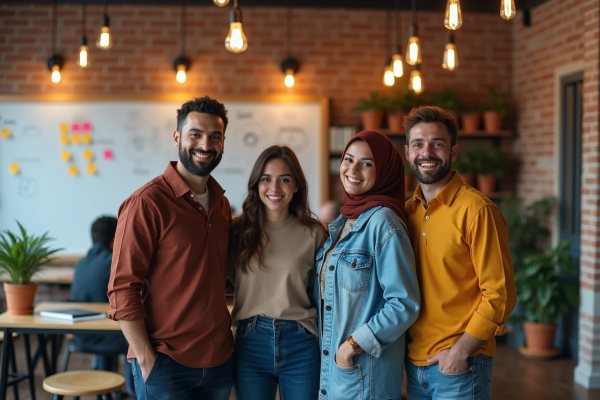 Groupe de jeunes professionnels diversifiés lors d'une session de brainstorming informelle dans un espace de coworking
