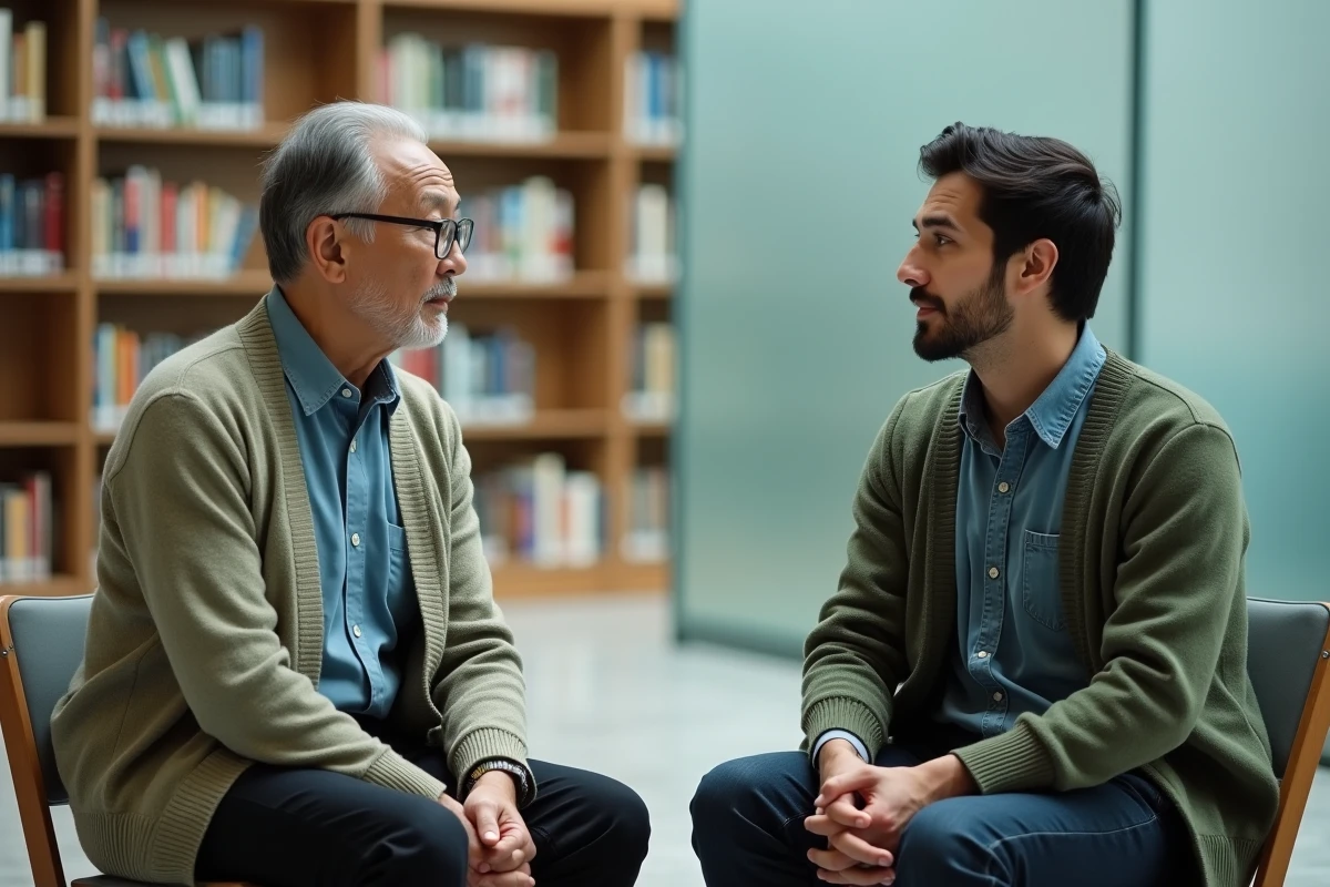 Un homme âgé asiatique et un jeune homme latino engagés dans une conversation intergénérationnelle enrichissante dans une bibliothèque moderne