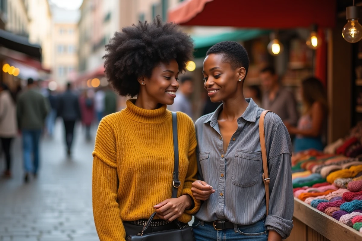 Deux jeunes femmes de cultures différentes partageant un moment complice dans un marché multiculturel en plein air
