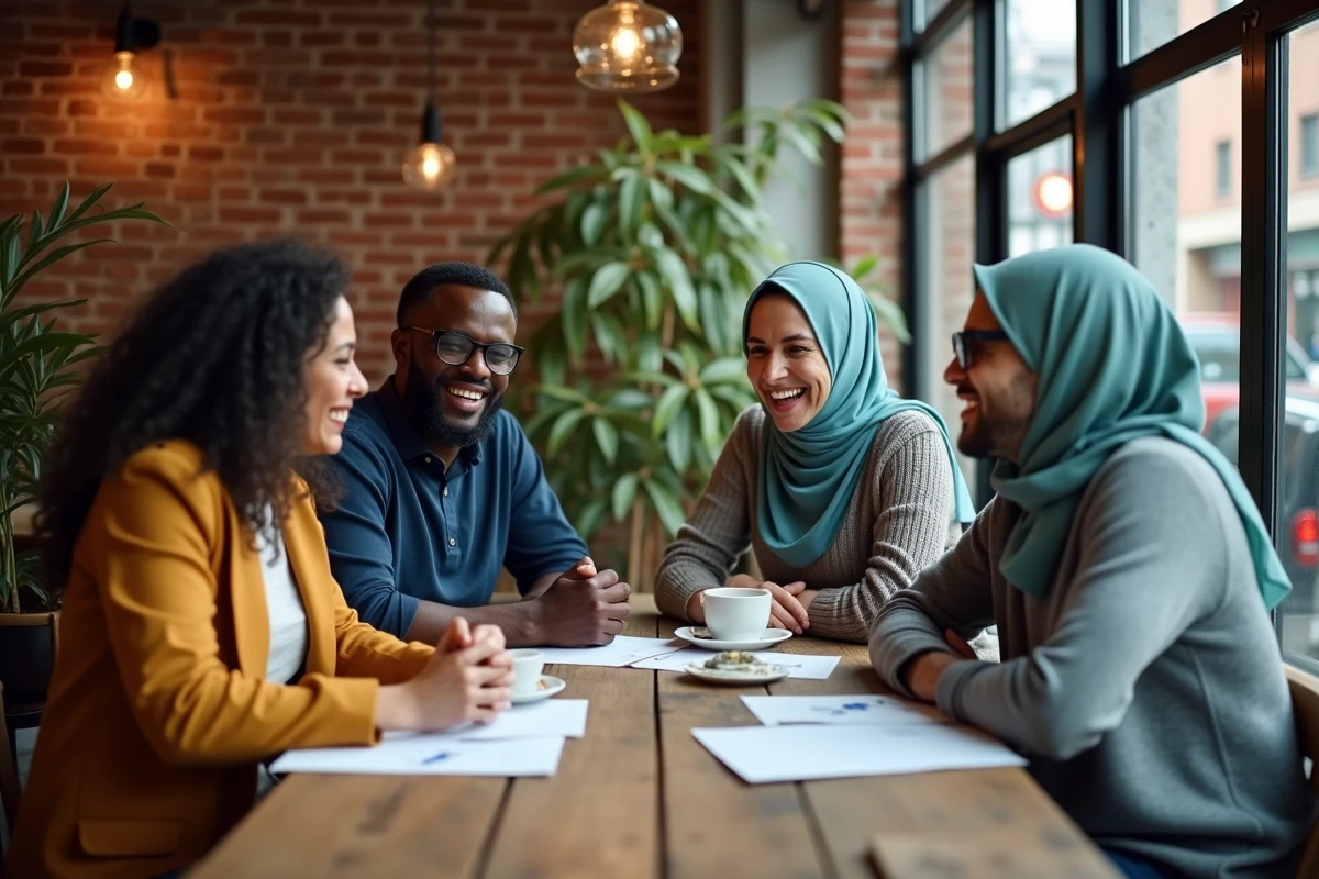 Groupe diversifié de quatre adultes discutant autour d'une table dans un café urbain, illustrant la richesse de la diversité culturelle