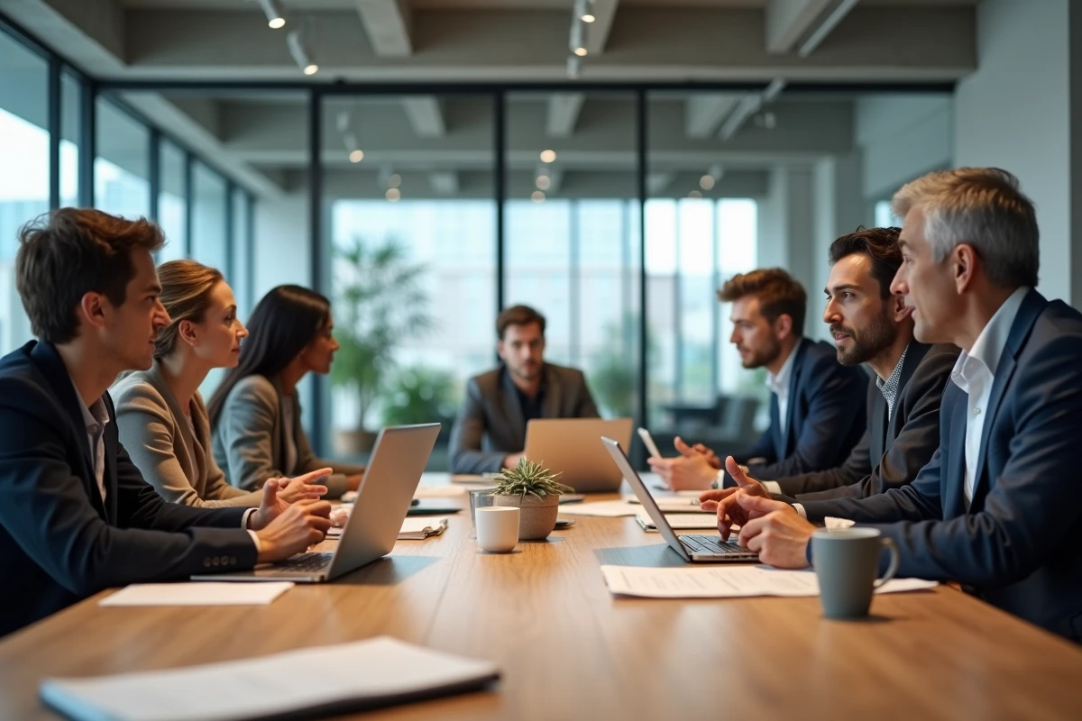 Équipe professionnelle diverse et inclusive réunie autour d'une table de conférence dans un bureau moderne