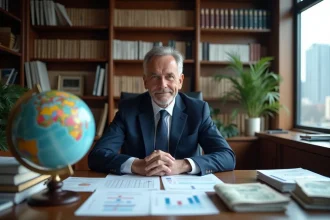 Économiste analysant des données financières mondiales sur la dette des pays dans un bureau professionnel