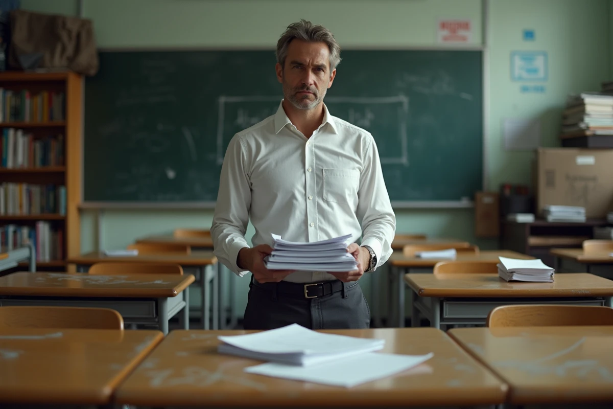 Enseignant épuisé face à une salle de classe désorganisée, illustrant les défis du métier d'enseignant à l'école