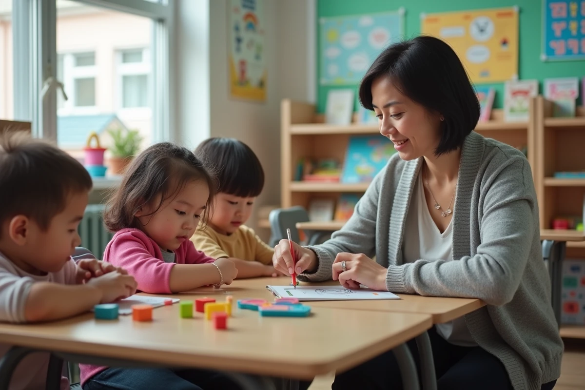 Enseignante accompagnant des enfants dans une salle de classe moderne et bien équipée, symbole d'un système éducatif de qualité pour bien élever ses enfants
