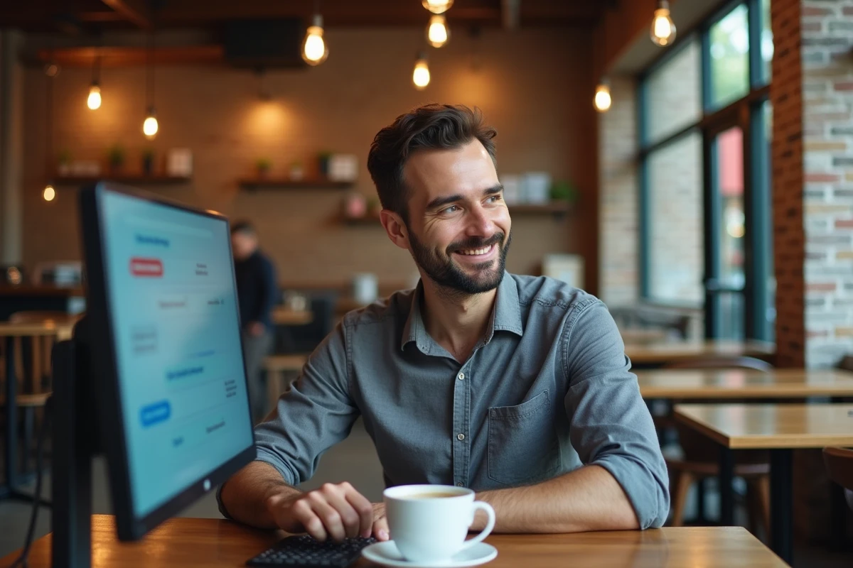 Un entrepreneur consultant une interface d'IA dans un café pour élaborer son business plan