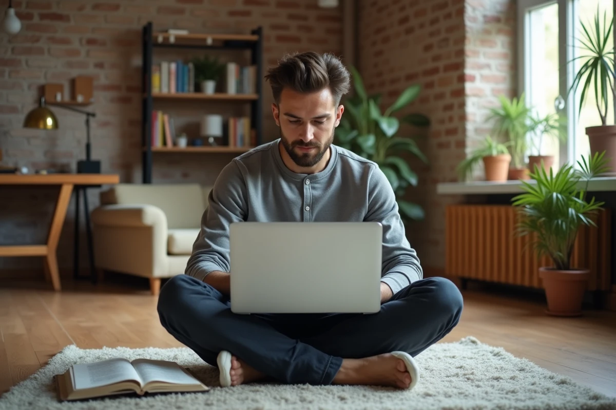 Entrepreneur travaillant depuis chez lui sur son ordinateur portable pour développer une source de revenus en ligne