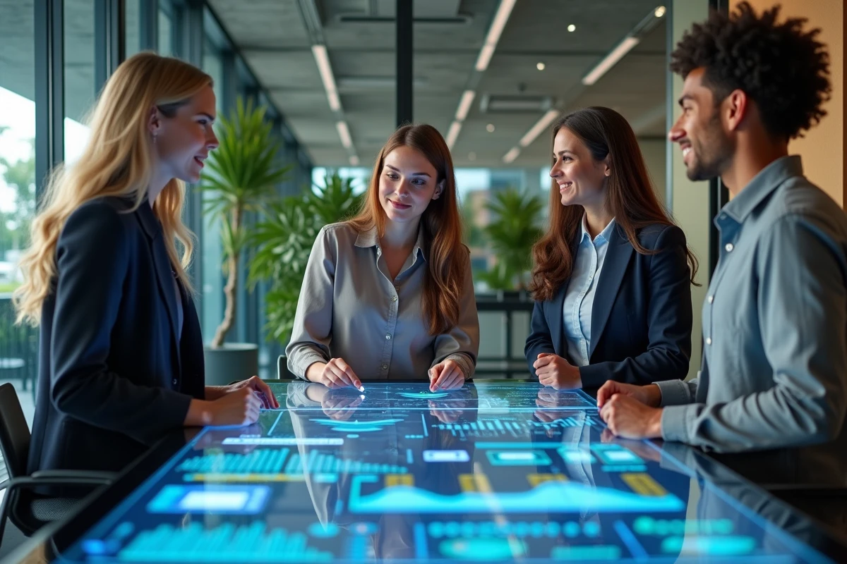 Équipe de professionnels analysant des données technologiques sur une table interactive en salle de réunion