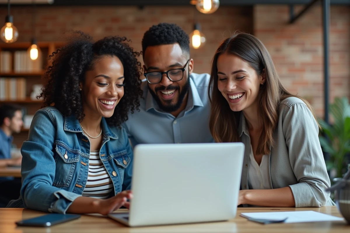 Équipe de professionnels collaborant sur un tableau de bord de mesure de la productivité dans un espace de coworking