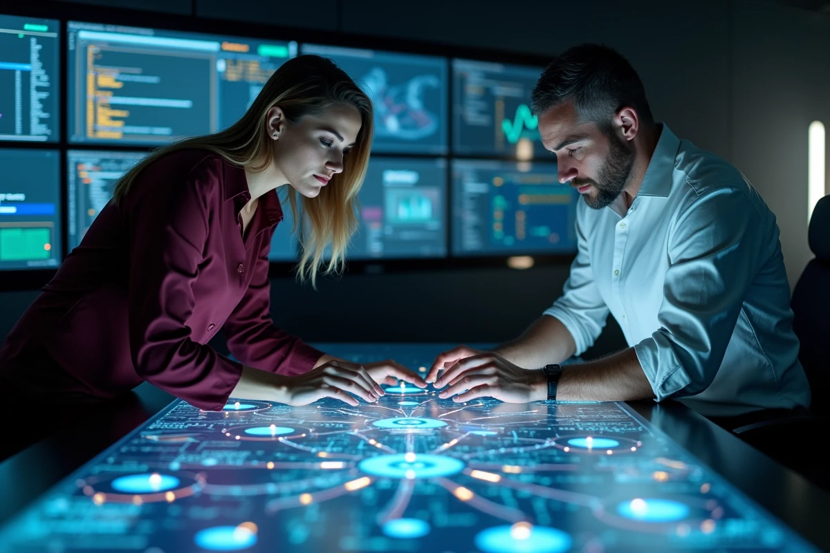 Deux professionnels en cybersécurité collaborant sur une carte de réseau sécurisé dans un centre d'opérations informatiques