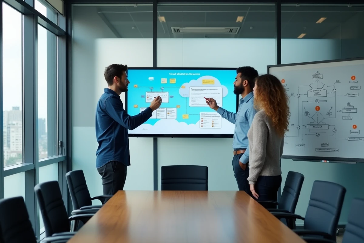 Équipe informatique collaborant sur une feuille de route de migration cloud dans une salle de réunion d'entreprise