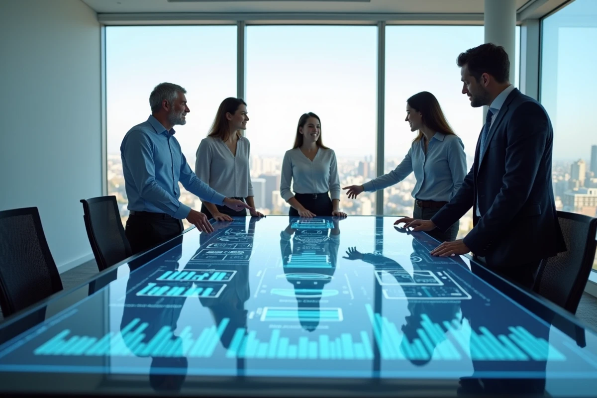 Équipe RH collaborant autour d'une table tactile affichant des outils d'intelligence artificielle pour la planification des effectifs