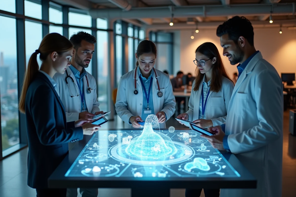 Équipe de scientifiques collaborant autour d'un écran holographique dans un centre d'innovation technologique
