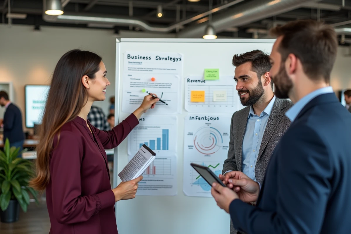 Équipe de professionnels discutant de stratégies pour augmenter les revenus autour d'un tableau blanc en espace de coworking